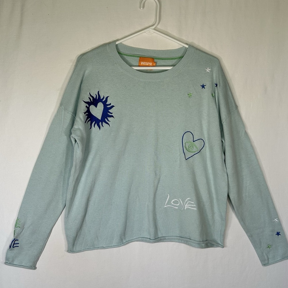WISPR by Brodie Knit Sweater Women's Light Mint Blue Embroidered Sun Heart Love